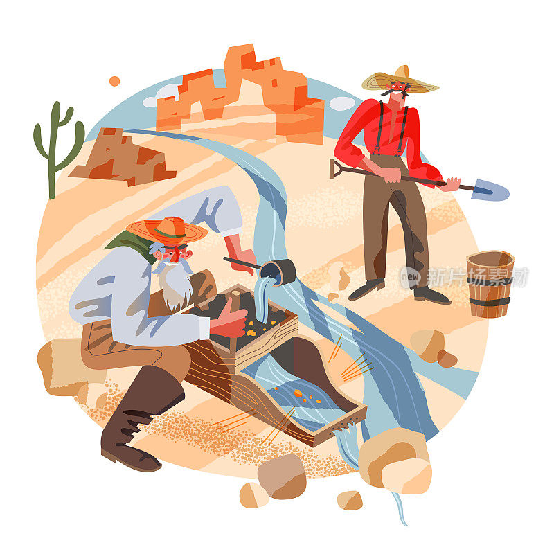 Diggers washing gold in Golden Rush times. Young prospectors searching diamond nuggets using tools and water equipment vector illustration. Western men with buckets in nature